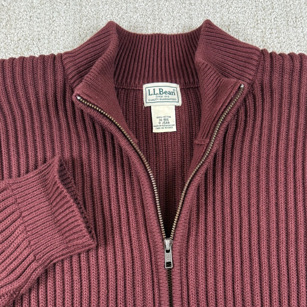 LL Bean Mens XL Burgundy Ribbed Full Zip Cotton Sweater
